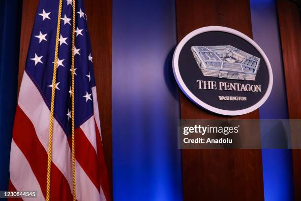 Pentagon logo is seen ahead of a press conference at the Pentagon January 28, 2021 in Arlington, Virginia on January 28, 2021.