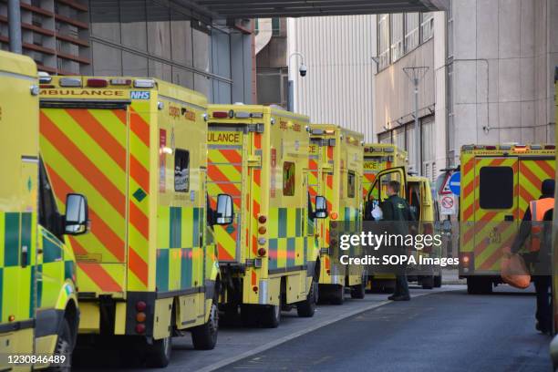 Ambulances in a queue outside the Royal London Hospital. The UK remains under the lockdown as the government battles to keep the coronavirus pandemic...