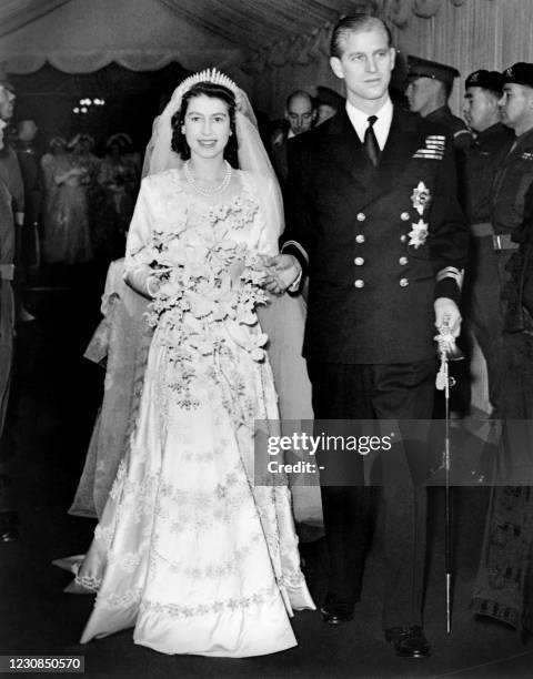 Princess Elizabeth of England and Prince Philip are seen on their wedding day 20th November 1947, in London.