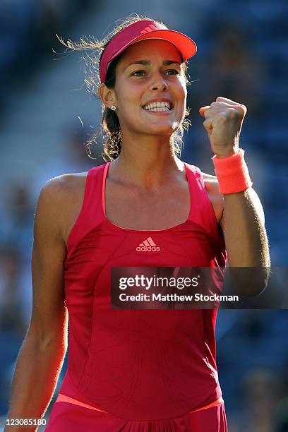 Ana Ivanovic of Serbia reacts to a play against Ksenia Pervak of Russia during Day Two of the 2011 US Open at the USTA Billie Jean King National...