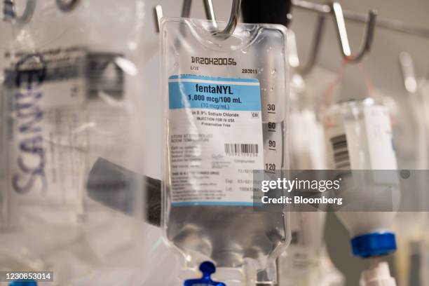 Bag of fentanyl hangs from an intravenous drip machine in a patient's room at the Covid-19 Intensive Care Unit of Sharp Memorial Hospital in San...