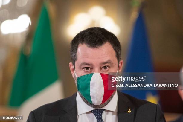 Italian far-right Lega party leader Matteo Salvini addresses the media at the Quirinale presidential palace in Rome on January 29, 2021 following a...