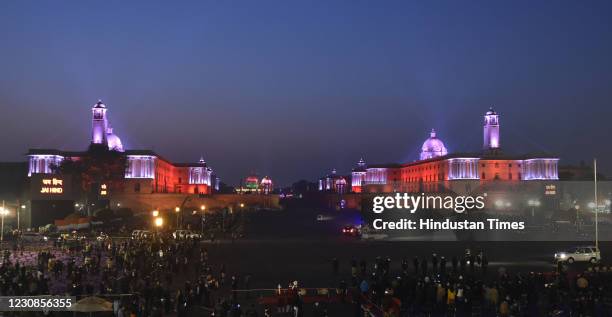 View illuminated North and south Block and rashtrapati Bhavan after Tri Services Band seen performing during the Beating Retreat Ceremony, marking...