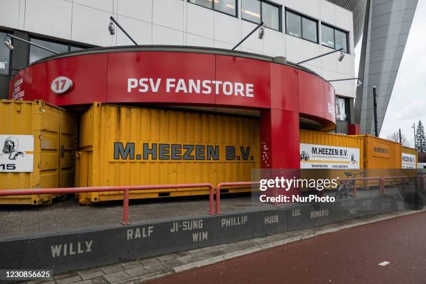 The Philips Stadion, PSV club stadium in the Dutch city of Eindhoven is barricaded with shipping containers to protect the building, the museum,...