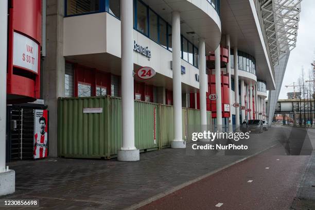 The Philips Stadion, PSV club stadium in the Dutch city of Eindhoven is barricaded with shipping containers to protect the building, the museum,...