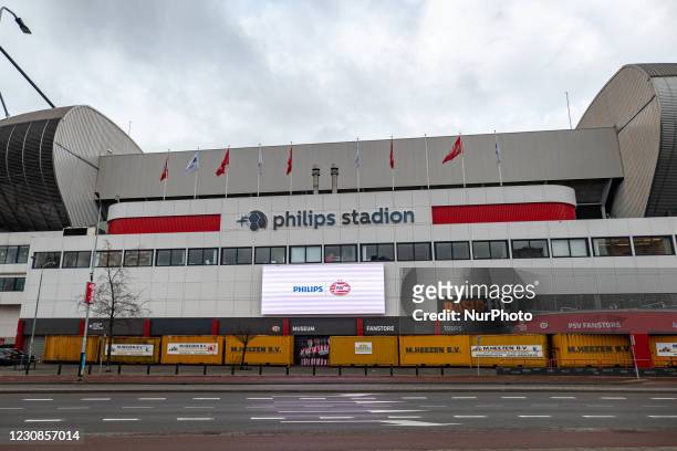 The Philips Stadion, PSV club stadium in the Dutch city of Eindhoven is barricaded with shipping containers to protect the building, the museum,...