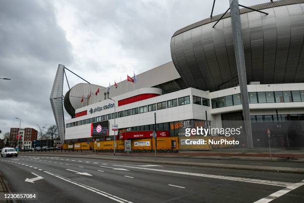 The Philips Stadion, PSV club stadium in the Dutch city of Eindhoven is barricaded with shipping containers to protect the building, the museum,...
