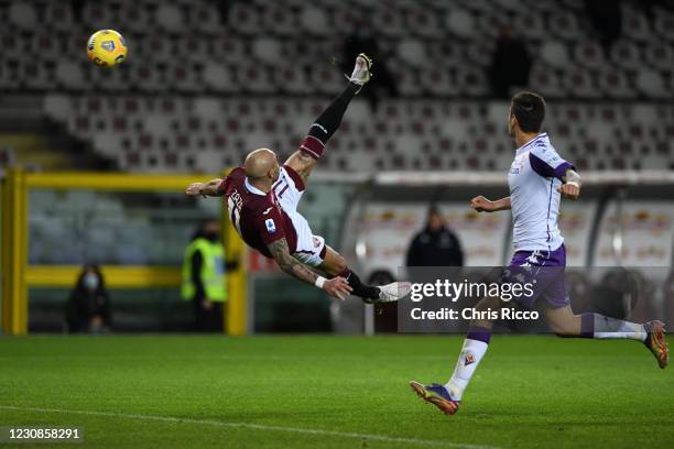 Simone Zaza of Torino FC attempts an overhead kick during the Serie A match between Torino FC and ACF Fiorentina at Stadio Olimpico di Torino on...