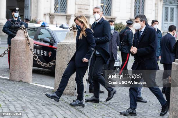 The leader of the Brothers of Italy Giorgia Meloni arrives for a meeting with the President of the Republic Sergio Mattarella at the Quirinale on the...