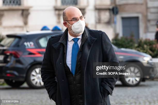 The leader of the Italian 5-star Movement Vito Crimi arrives for a meeting with the Italian President Sergio Mattarella at the Quirinale Palace on...