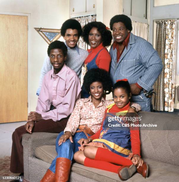 Portrait of the cast of the television show GOOD TIMES, Los Angeles, California, September 29, 1977. Pictured are, front row seated from left, Jimmie...