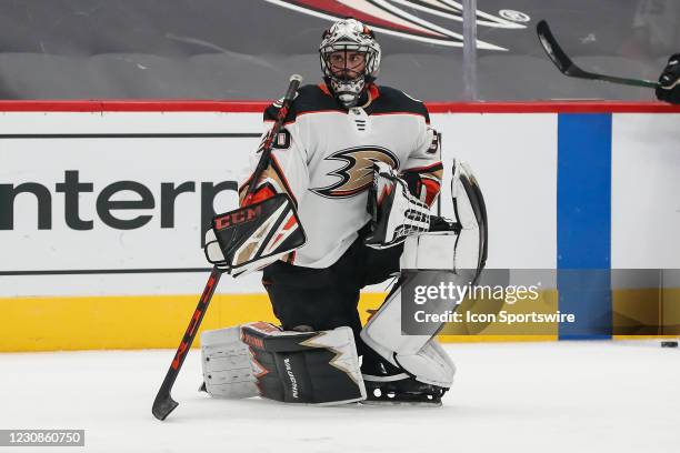 Anaheim Ducks goaltender Ryan Miller looks on before the NHL hockey game between the Anaheim Ducks and the Arizona Coyotes on January 28, 2021 at...