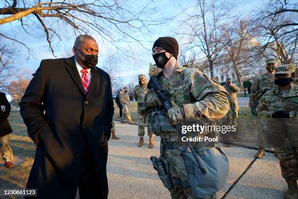 Secretary of Defense Lloyd Austin visits National Guard troops deployed at the U.S. Capitol on January 29, 2021 on Capitol Hill in Washington, DC....