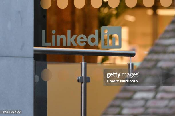 LinkedIn logo seen at the entrance to LinkedIn EMEA Head Office in Dublin. On Friday, 29 January in Dublin, Ireland.