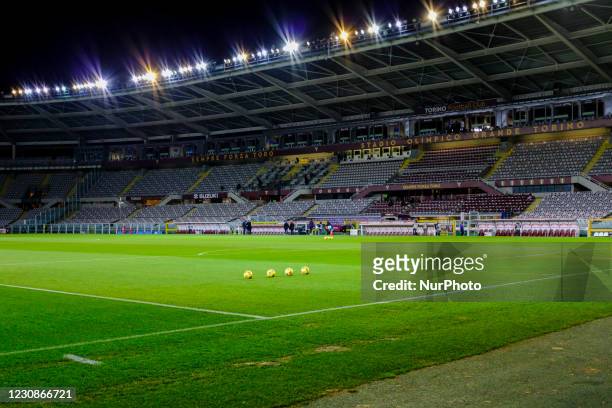 Night view of the Olympic Grande Torino Stadium during the Serie A football match between Torino FC and ACF Fiorentina on January 29, 2021 in Turin,...