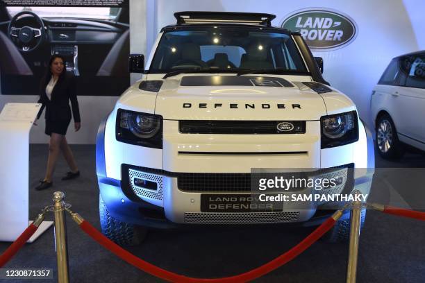Land Rover 'Defender' is seen on display during the first day of a two-day-long 'Auto de Glam Expo' on the outskirts of Ahmedabad on January 30, 2021.