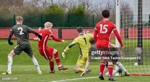 Luis Longstaff of Liverpool scores Liverpool's second goal during the PL2 game at AXA Training Centre on January 30, 2021 in Kirkby, England.