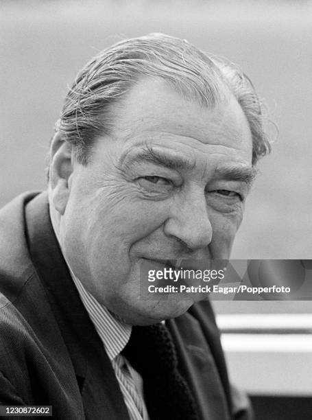 Cricket writer and commentator John Arlott during the John Player League match between Essex and Somerset at Valentine's Park, Ilford, 4th May 1980.