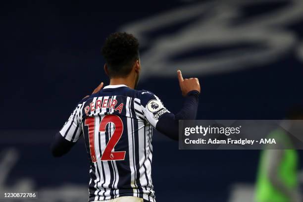 Matheus Pereira of West Bromwich Albion celebrates after scoring a goal to make it 2-1 during the Premier League match between West Bromwich Albion...