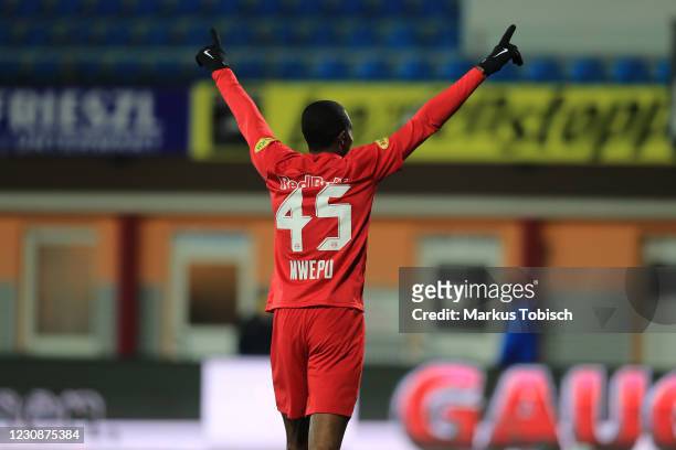 Enock Mwepu of Salzburg celebrates after scoring a goal during the Tipico Bundesliga match between TSV prolactal Hartberg and FC Red Bull Salzburg at...