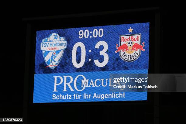 Scoreboard during the Tipico Bundesliga match between TSV prolactal Hartberg and FC Red Bull Salzburg at Profertil Arena on January 30, 2021 in...