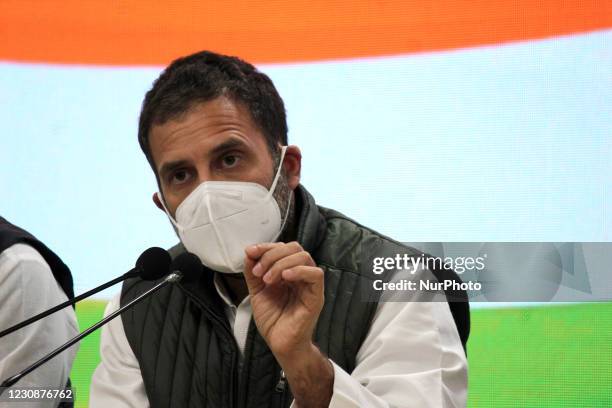 Congress MP Rahul Gandhi addresses a press conference at AICC on January 29, 2021 in New Delhi, India. Former Congress President Rahul Gandhi said...