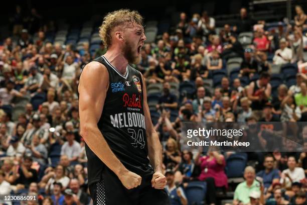 Jock Landale of United celebrates a basket during the round three NBL match between Melbourne United and the South East Melbourne Phoenix at Bendigo...