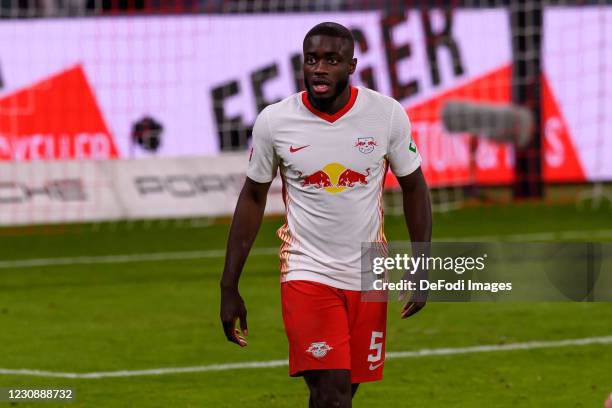 Dayot Upamecano of RasenBallsport Leipzig looks on during the Bundesliga match between RB Leipzig and Bayer 04 Leverkusen at Red Bull Arena on...