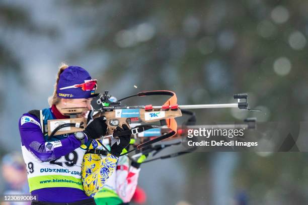 Ekaterina Bekh of Ukraine at the shooting range during the Women 10 km Pursuit Competition at the IBU Open European Championships Duszniki Zdroj at...