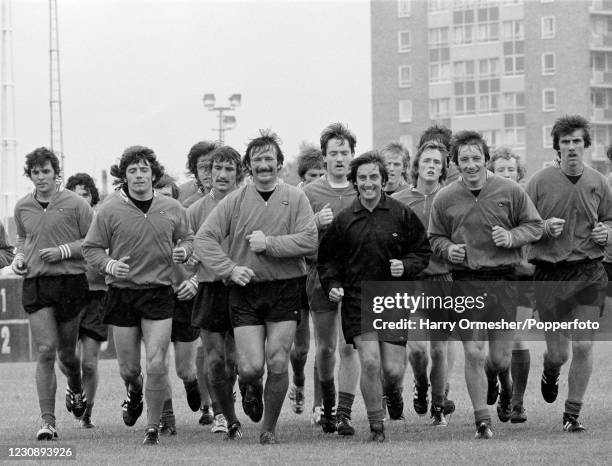 Liverpool trainer Roy Evans puts players through their paces on the first day of pre-season training at Melwood Training Centre on July 10, 1975 in...