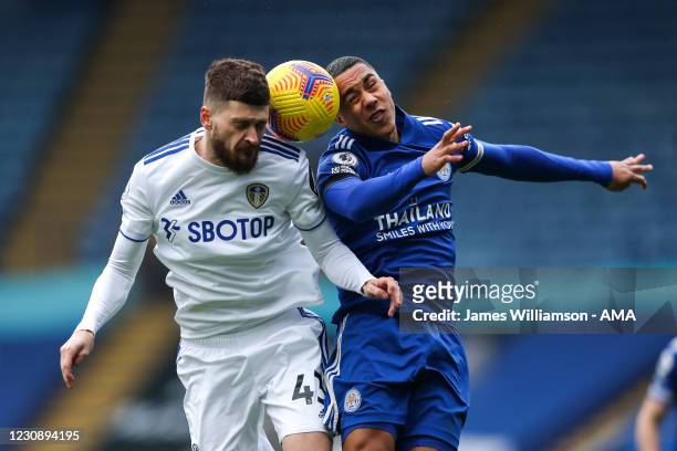 Mateusz Klich of Leeds United and Youri Tielemans of Leicester City during the Premier League match between Leicester City and Leeds United at The...