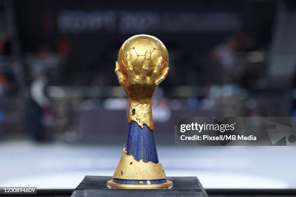 View of the trophy for the winner of the 27th IHF Men's World Championship final match between Denmark and Sweden at the IHF Men's World...