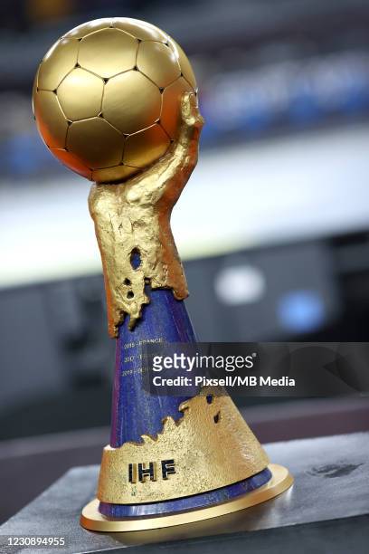 View of the trophy for the winner of the 27th IHF Men's World Championship final match between Denmark and Sweden at the IHF Men's World...