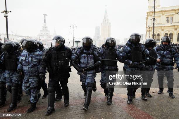 Riot police stand guard during a rally in support of jailed opposition leader Alexei Navalny on January 31, 2021 in Moscow, Russia. Kremlin critic...