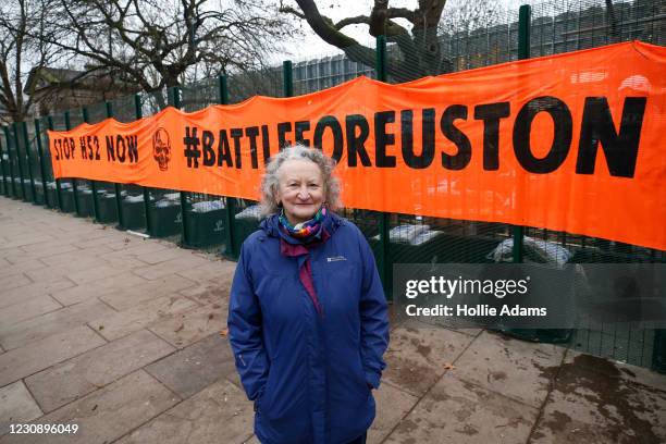 Green Party member Jenny Jones, Baroness Jones of Moulsecoomb, poses for a portrait at the "Stop HS2" camp at Euston Station on January 31, 2021 in...