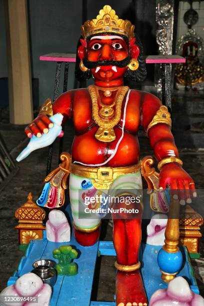 Freshly painted figure of the demon Sooran at the Arasadi Vinayagar Temple in Jaffna, Sri Lanka. The figure will be used in the upcoming Sooran Por...