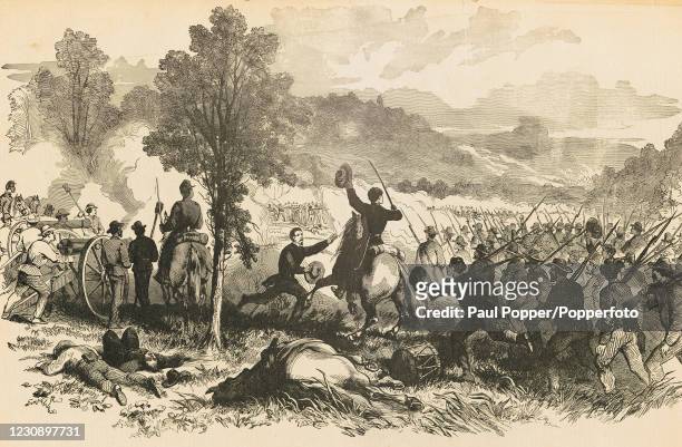 Vintage illustration featuring the charge of the 1st Iowa Regiment under General Nathaniel Lyon, who was killed in combat, at the Battle of Wilson's...