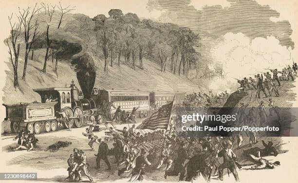 Vintage illustration featuring Union General Robert Schenck and a trainload of four companies of the First Ohio Regiment ambushed by Confederate...