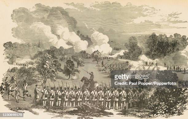 Vintage illustration featuring the Battle of Big Bethel between the victorious Confederate troops led by Colonel John Magruder and the Union forces...