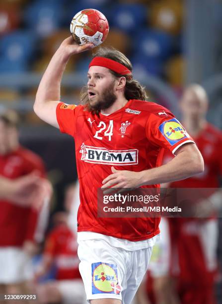 Mikkel Hansen from Denmark with a ball during the 27th IHF Men's World Championship final match between Denmark v Sweden - IHF Men's World...