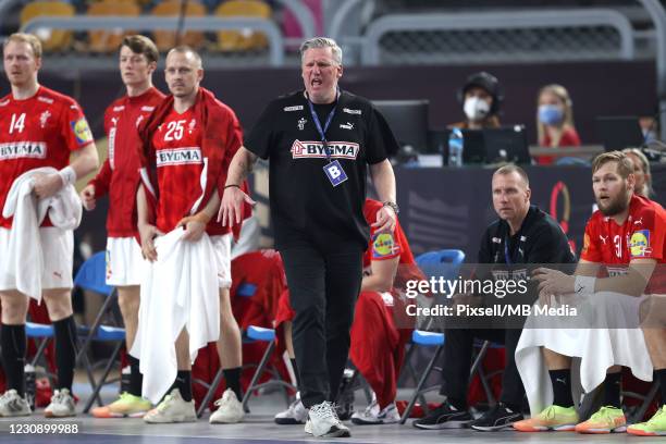 Head coach of Denmark Handball team Nikolaj Jacobsen. Reacts during the 27th IHF Men's World Championship final match between Denmark v Sweden - IHF...