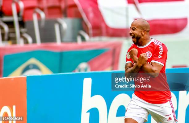 Patrick of Internacional celebrates after scoring the first goal of his team during the match between Internacional and Red Bull Bragantino as part...