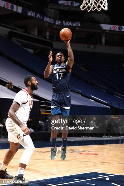 Ed Davis of the Minnesota Timberwolves shoots the ball during the game against the Cleveland Cavaliers on January 31, 2021 at Target Center in...