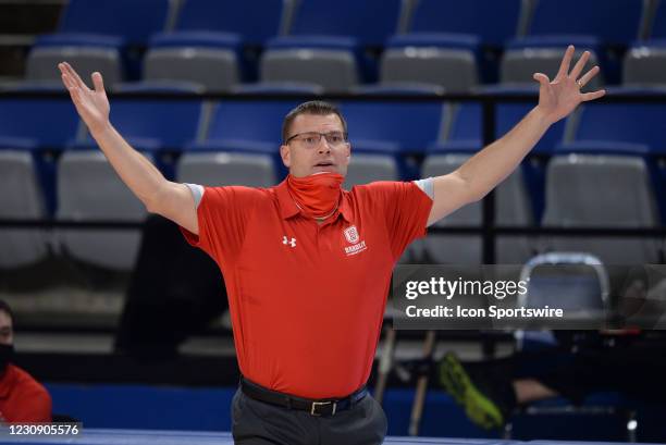 Bradley Braves head coach Brian Wardle reacts to a play during the Missouri Valley Conference college basketball game between the Bradley Braves and...