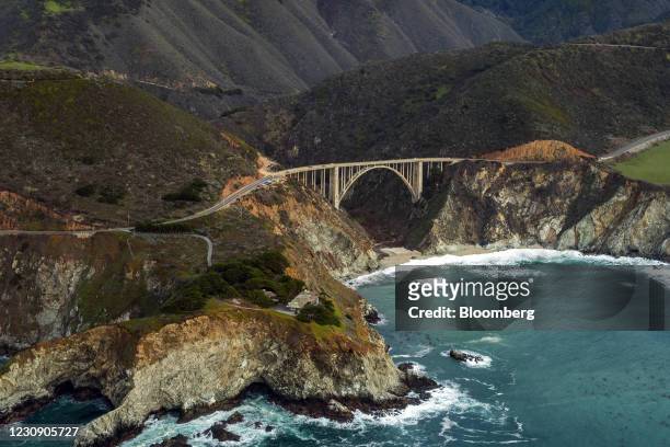 Bixby Bridge in this aerial photograph taken in Big Sur, California, U.S., on Sunday, Jan. 31, 2021. A scenic stretch of Highway 1 near Big Sur that...