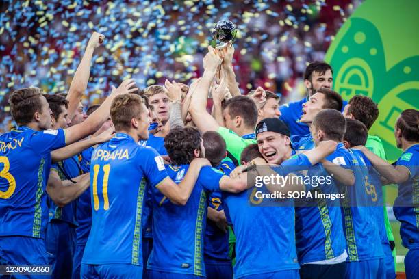Ukraine U-20 team celebrates with trophy after the 2019 FIFA U-20 World Cup Final match between Ukraine and Korea Republic at Lodz Stadium. .