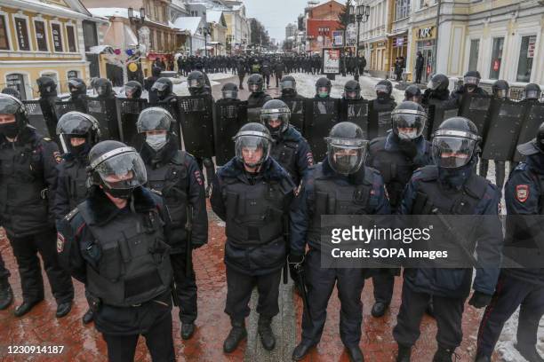 Riot police officers seen in the city center as protesters gather in support of the opposition political leader Alexei Navalny. Hundreds of...
