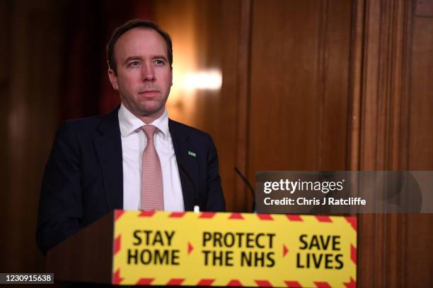 British Health Secretary Matt Hancock speaks during a press briefing at Downing Street on February 1, 2021 in London, England. During the press...