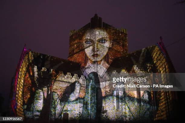 An image of St Brigid projected as part of the Herstory Light Show on St Brigid's Cathedral, Kildare, on St BrigidÕs Day when landmarks across...