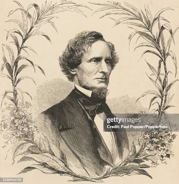 Vintage illustration featuring Jefferson Davis, President of the Confederacy, during the American Civil War, circa 1862, published in "Frank Leslie's...